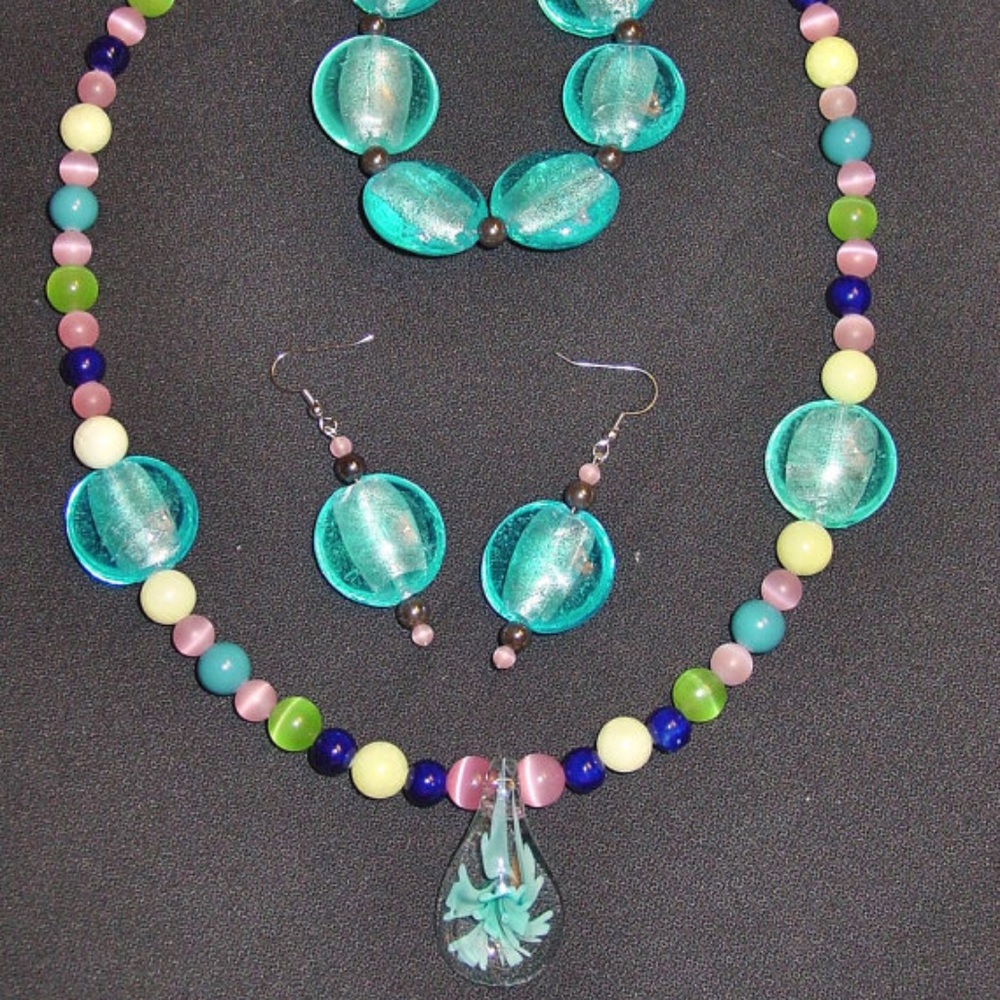 Glass Flower, Stone, Glass Beads Blue Jewelry Set